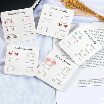 DAIIIBABYYY  -   2024 Creative Week Stud Earrings Set for Women Heart Pearl Rhinestone Earring Korean Fashion Party Jewelry Wholesale